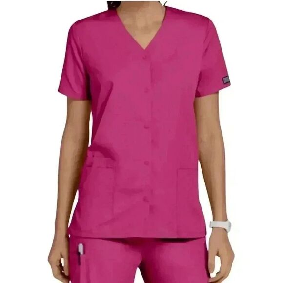 Cherokee Workwear Originals Women's Raspberry Pink Poly/Cotton V-Neck Snap Front - Picture 1 of 12